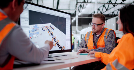 Poster - Young Engineers Designing Layout For Machinery In New Factory Facility