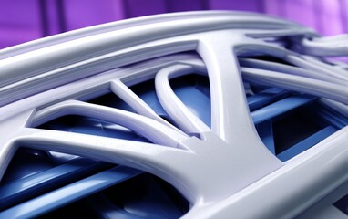 Poster - Detailed Close-Up of Abstract White and Blue 3D Model with Futuristic Style on Lavender Gradient Background