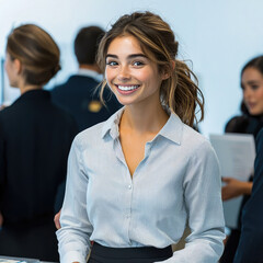 Poster - Young woman office assistant smiling in modern workplace, professional and friendly atmosphere