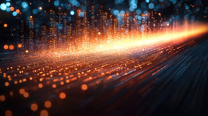 Poster - Glowing cityscape data stream futuristic technology abstract night digital vibrant