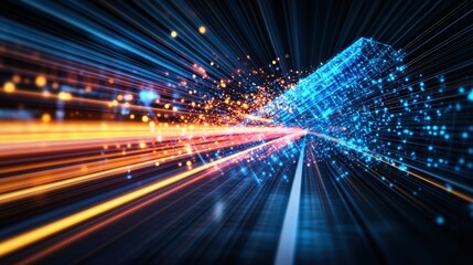 Poster - High Speed Data Transfer Digital Technology Concept with Bright Connected Light Trails and Motion Blur Effects Representing Rapid Internet and Information Flow