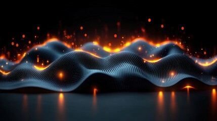 Poster - Futuristic abstract wave pattern featu glowing digital peaks and vibrant light effects in a dark background, representing technology, innovation, and digital data visualization