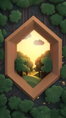 Poster - Geometric Forest Sunset in Hexagonal Frame