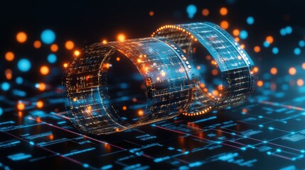 Poster - Futuristic digital technology concept with glowing holographic interface and interconnected glowing circular data streams on dark background