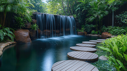 Poster - Serene tropical jungle waterfall with lush green foliage and round wooden stepping stones