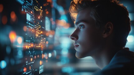 Poster - A focused individual gazes thoughtfully at a digital interface, surrounded by glowing data points and abstract visuals representing technology and innovation.