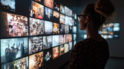 Poster - A woman with glasses examines a large illuminated wall displaying multiple digital photos in a dimly lit room.