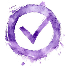 Poster - Purple watercolor check mark in circle, artistic approval symbol on white