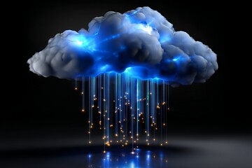 Poster - Glowing Blue Cloud with Data Rain Symbolizing Information Flow in AI Neural Networks on Dark Background
