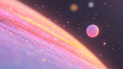 Poster - Pink Purple Orange Planet In Space With Glitter And Stars