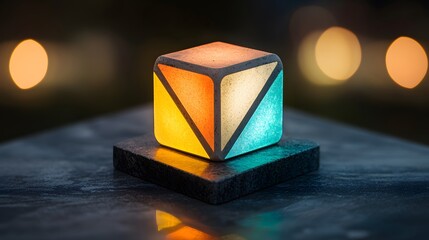 Poster - Illuminated Cube with Geometric Shapes on Dark Reflective Surface