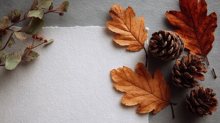 Poster - Autumn Flat Lay of Leaves and Pinecones on Neutral Background