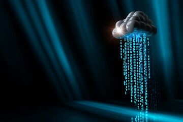 Poster - Glowing Blue Cloud with Data Rain Symbolizing Information Flow in AI Neural Networks on Dark Background