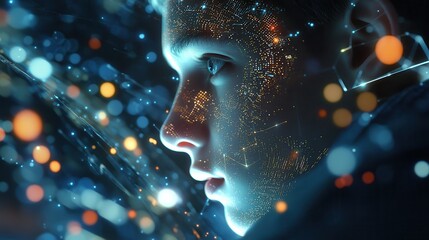 Poster - A focused individual gazes thoughtfully at a digital interface, surrounded by glowing data points and abstract visuals representing technology and innovation.