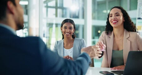 Fototapete - Collaboration, colleagues and people with smile, handshake or brainstorming for project in boardroom. Business, team and shaking hands with group for agreement, happy or laptop for marketing campaign