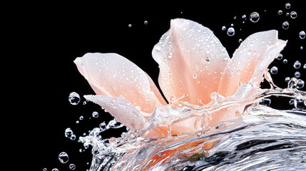 Poster - Beautiful pink flower splashes in clear water, creating stunning droplets and ripples, evoking sense of tranquility and elegance