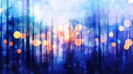 Poster - Vibrant watercolor abstract depicting dreamy forest scene with soft blue tones and glowing orbs of light, evoking sense of tranquility and wonder