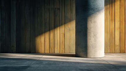 Poster - Smooth Concrete Column Beside Wooden Wall with Soft Light Detail