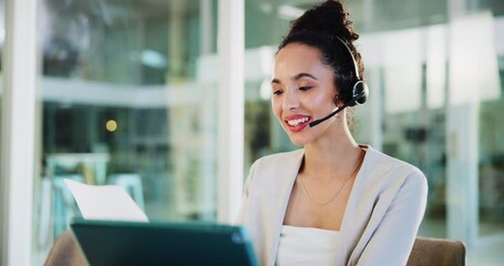 Aufkleber - Businesswoman, headset and document at laptop for video call, online consultation or finance advice. Consultant, tech and discussion in office for insurance policy, webinar or reading script on paper