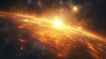Wall Mural - Burning planet viewed from space, fiery sunrise.