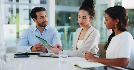 Poster - Talking, colleagues and people with tablet, boardroom and brainstorming for project, online or ideas. Business, man and women with tech for target audience, discussion or marketing team with research