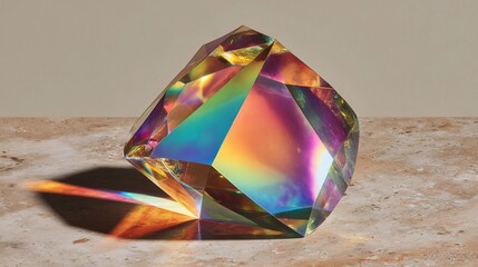 Poster - Geometric Glass Object Casting Rainbow Reflections on Surface