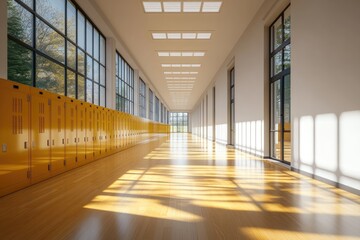 empty school hallway with yellow lockers, bright sunlight, and large windows