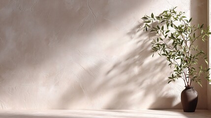 Poster - Soft Ivory Abstract Studio Background with Natural Light and Plant