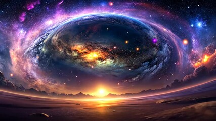 Wall Mural - Cosmic Sunrise A Celestial Dance of Light and Nebulae over a Mystical World