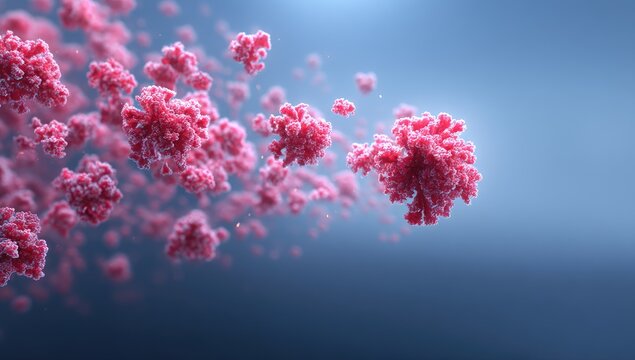 Pink Molecular Structures in Motion Against Soft Blue-Gray Background