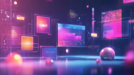 Poster - Futuristic digital interface with floating icons
