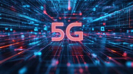 Poster - Abstract digital polygonal 5G background. Internet speed concept. 3D Rendering. illustration , no logos, no brands