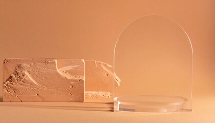 Poster - Artistic workshop display featuring clear acrylic dome and textured clay block soft lighting minimalist setup contemporary aesthetic