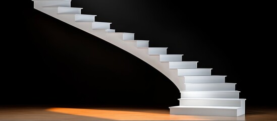 Poster - Staircase with white steps is shown in a dark room. The staircase is very long and has a very narrow step. The staircase is lit by a light shining on it, creating a sense of depth and dimension