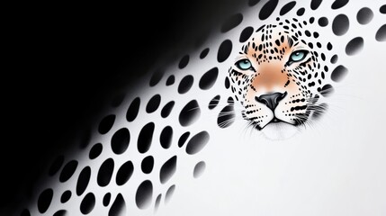 Poster - Leopard's face is shown in a black and white background. The image is a close up of the leopard's face, with the eyes and nose clearly visible. The background is a white color