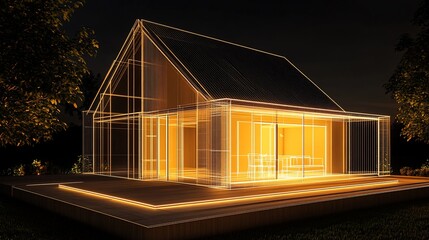 Aufkleber - Glowing wireframe architectural rendering of a modern home at night illuminated in yellow against a dark sky