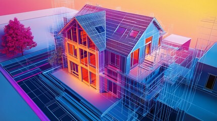 Aufkleber - A vibrant digital rendering of a modern house with its architectural plans overlaid