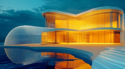 Poster - Futuristic Architecture with a Luminous Glow and Reflective Pool Under Dark Skies
