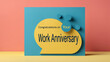 © Y.a.o.W - Career Anniversary greeting card highlighting professionalism and achievement featuring bright yellow, aqua blue, and coral color showing message that reads Congratulations on your work anniversary