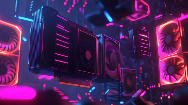 Floating Glowing Computer Parts in Neon Light
