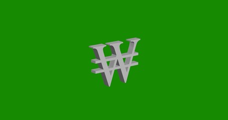 Poster - Isolated realistic white Korean won sign front view with shadow. 3d illustration on green chroma key background