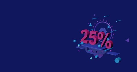Poster - Pink 25 percent symbol on a pedestal of abstract geometric shapes floating in the air. Abstract concept art with flying shapes on the right. 3d illustration on indigo background