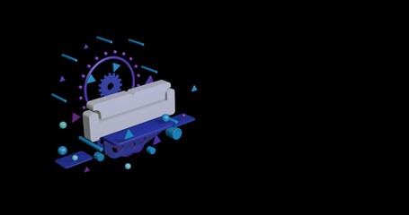 Poster - White sofa symbol on a pedestal of abstract geometric shapes floating in the air. Abstract concept art with flying shapes on the left. 3d illustration on black background