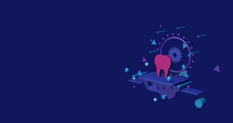 Poster - Pink tooth symbol on a pedestal of abstract geometric shapes floating in the air. Abstract concept art with flying shapes on the right. 3d illustration on indigo background