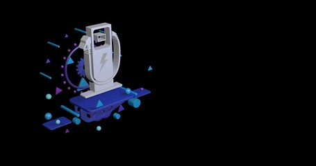 Poster - White electric charging station symbol on a pedestal of abstract geometric shapes floating in the air. Abstract concept art with flying shapes on the left. 3d illustration on black background