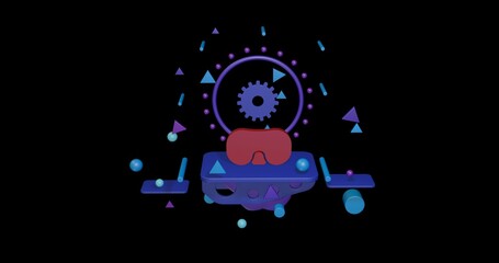 Poster - Red diving goggles symbol on a pedestal of abstract geometric shapes floating in the air. Abstract concept art with flying shapes in the center. 3d illustration on black background