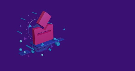 Poster - Pink vote symbol on a pedestal of abstract geometric shapes floating in the air. Abstract concept art with flying shapes on the left. 3d illustration on deep purple background