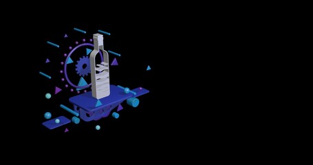 Poster - White the world in a bottle symbol on a pedestal of abstract geometric shapes floating in the air. Abstract concept art with flying shapes on the left. 3d illustration on black background