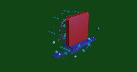 Poster - Red rounded square symbol on a pedestal of abstract geometric shapes floating in the air. Abstract concept art with flying shapes in the center. 3d illustration on green background