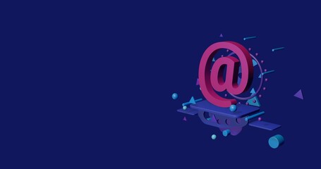 Poster - Pink at symbol on a pedestal of abstract geometric shapes floating in the air. Abstract concept art with flying shapes on the right. 3d illustration on indigo background